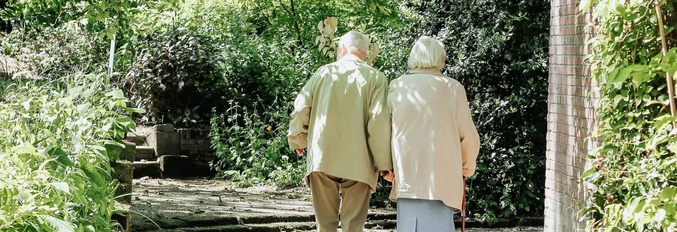 Designing Patient Centered Health Systems for an Aging Population Two older adults walking on a path among greenery