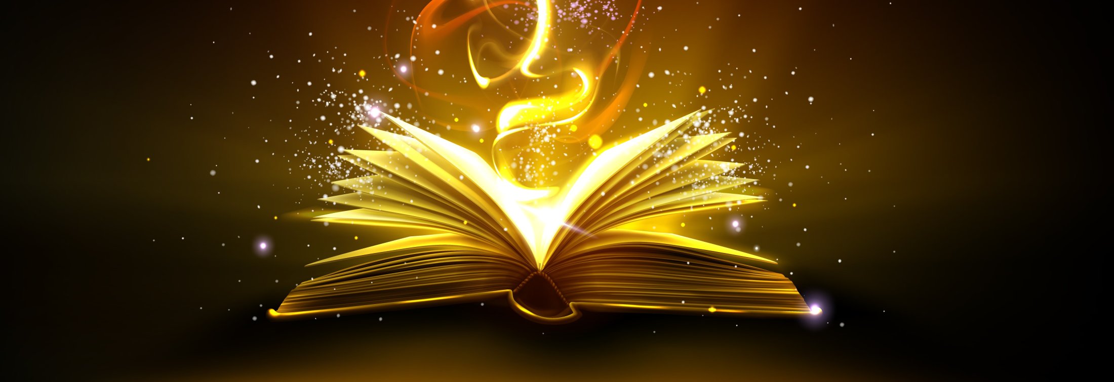 Open book with swirling lights rising from it