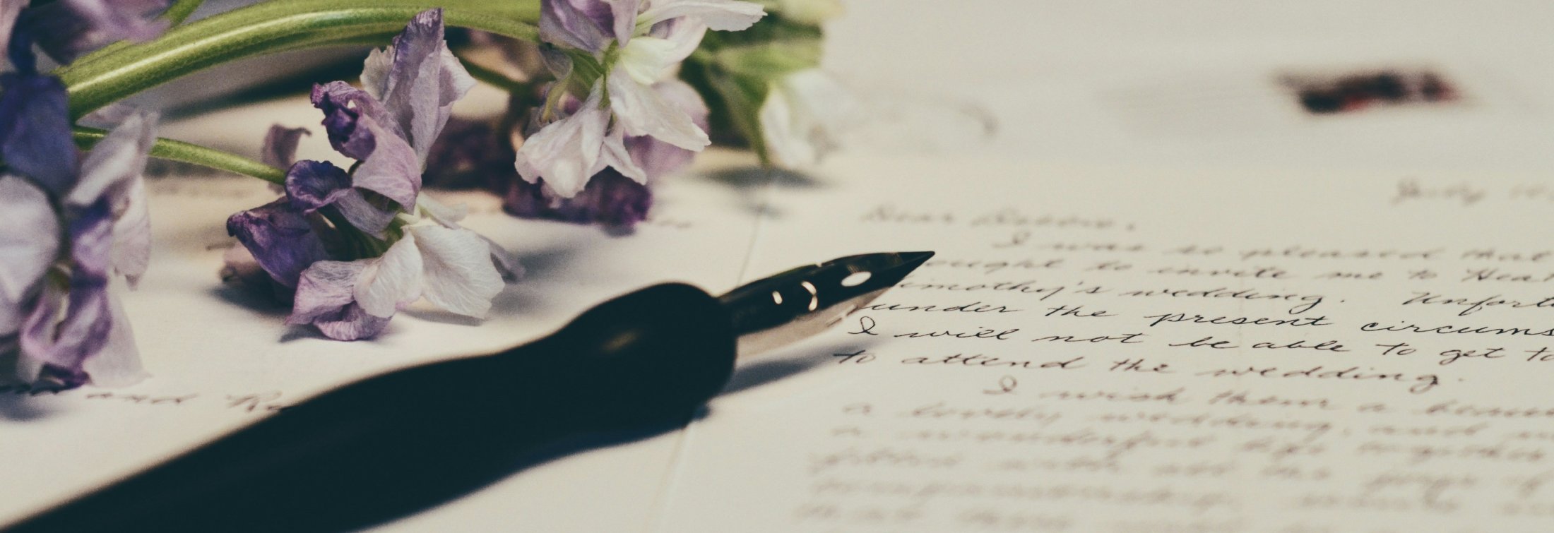 Purple flowers on paper with quill pen