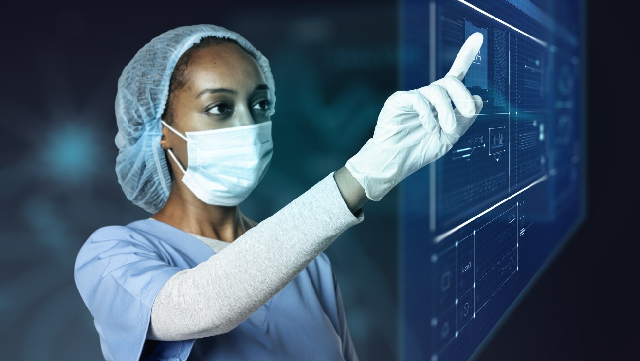 Doctor touching modern virtual screen interface.